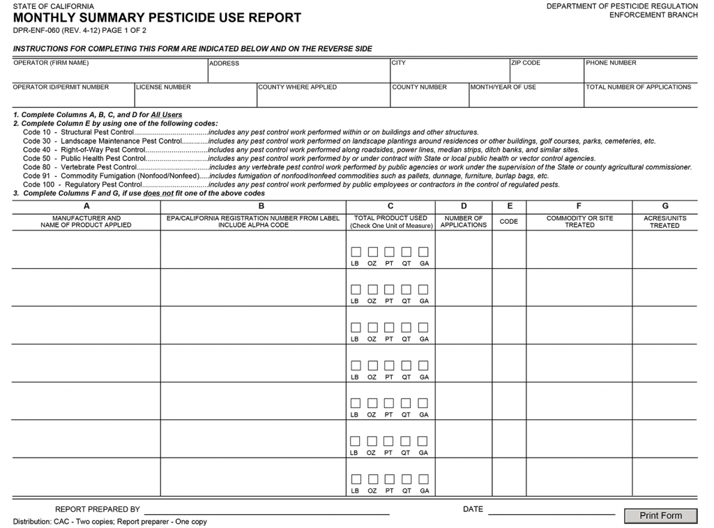 image of Pesticide Use Form (front)